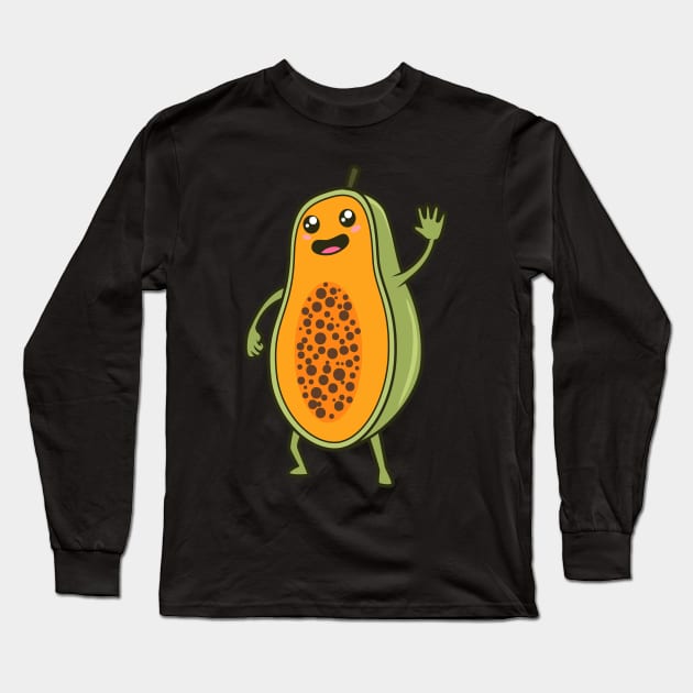 Kawaii Cartoon Papaya Long Sleeve T-Shirt by Modern Medieval Design